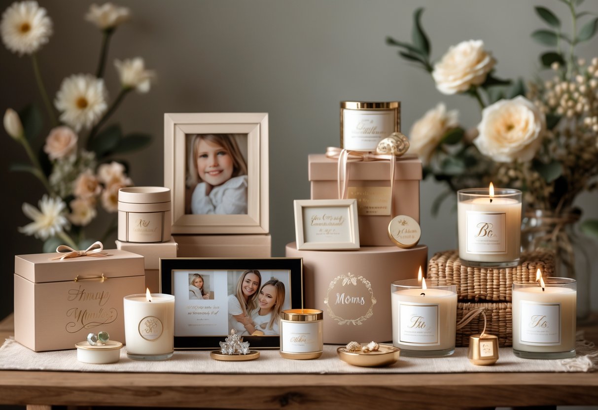 A table displaying various personalized gifts such as jewelry boxes, photo frames, candles, and keepsakes arranged with flowers in a cozy setting.