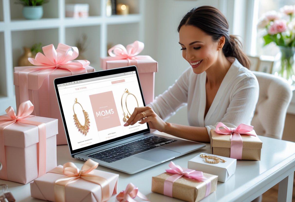 A woman sitting at a desk selecting a personalized gift on a laptop surrounded by wrapped gift boxes and flowers.