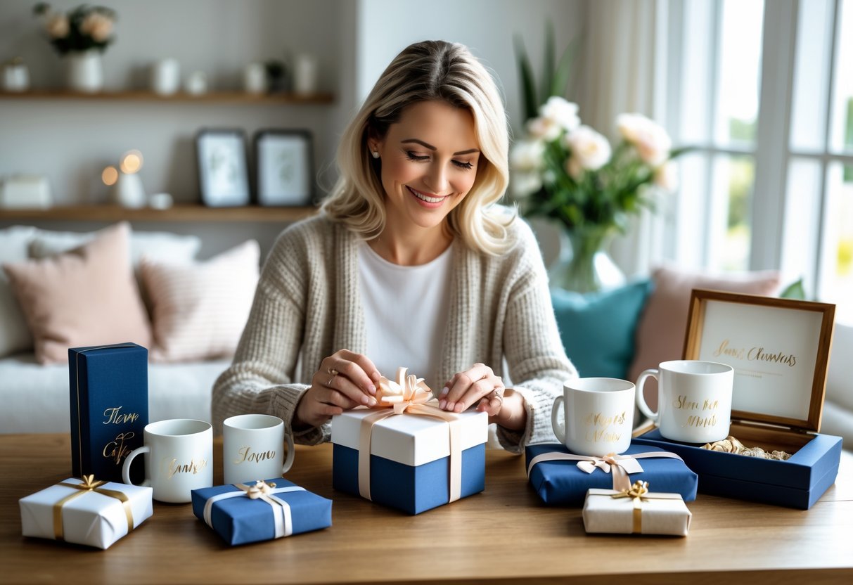 A mother sitting at a table surrounded by various personalized gifts in a bright, cozy room.