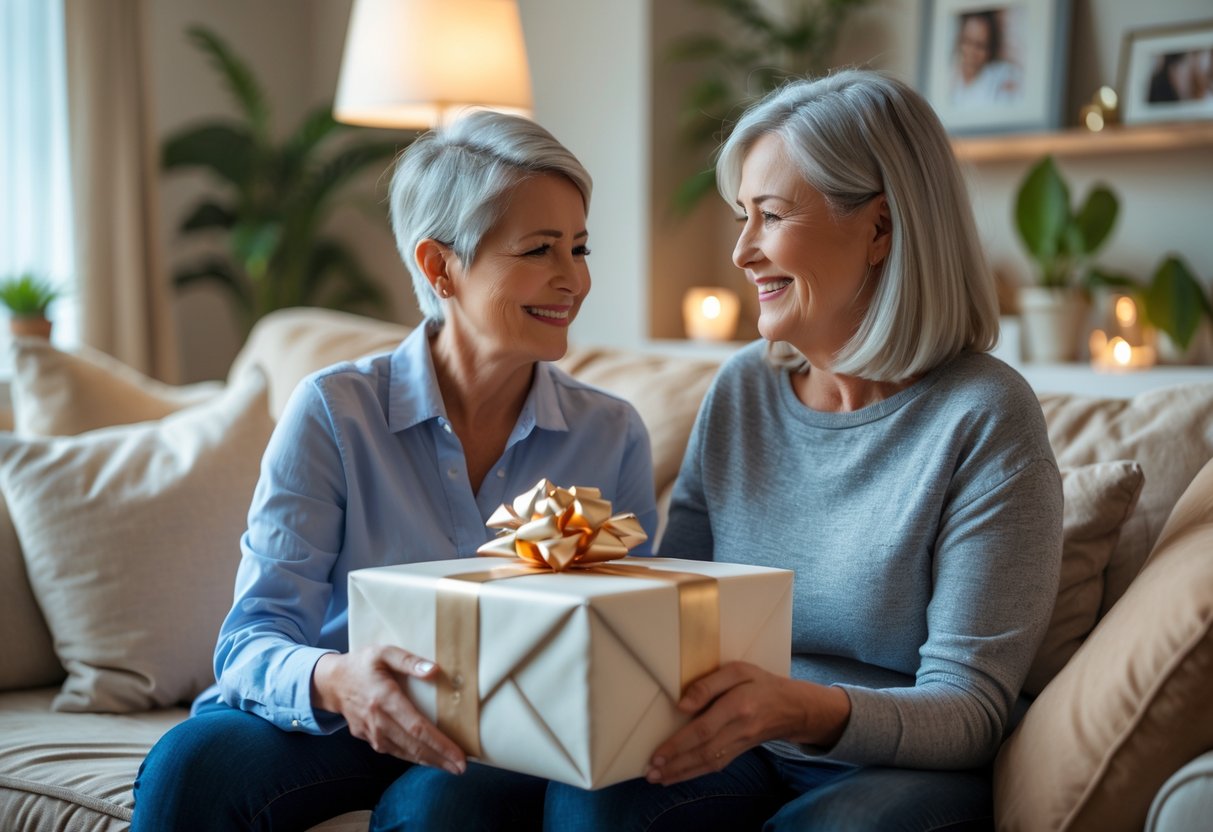 An adult child giving a personalized gift to their smiling mother in a cozy living room.