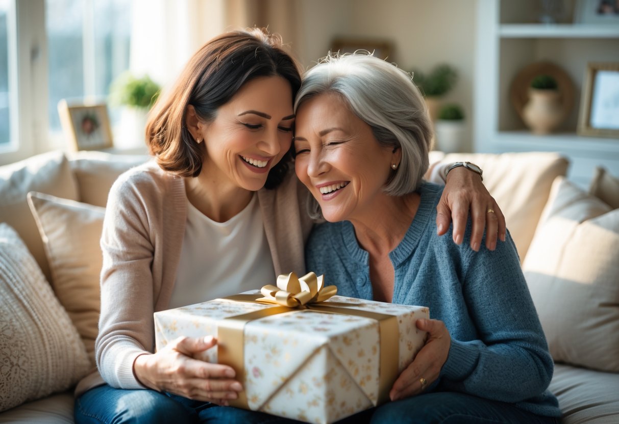 A mother and adult child sharing a happy moment as the child gives the mother a personalized gift in a cozy living room.
