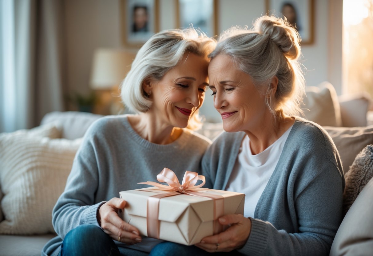 A mother and adult child sharing a tender moment as the mother holds a wrapped gift, both showing affection and gratitude in a cozy living room.