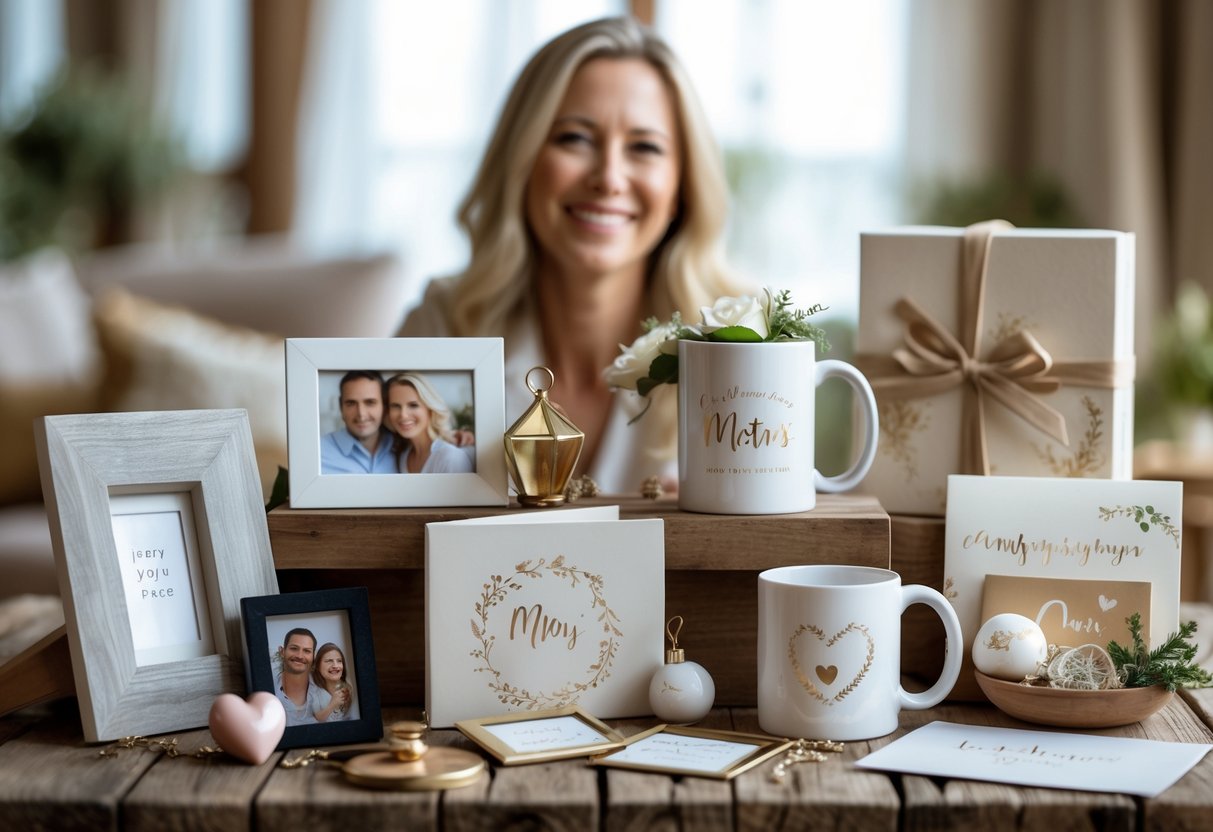 A collection of personalized gifts for mothers displayed on a wooden table, including photo frames, jewelry boxes, mugs, greeting cards, and keepsake ornaments, with a smiling mother blurred in the background.