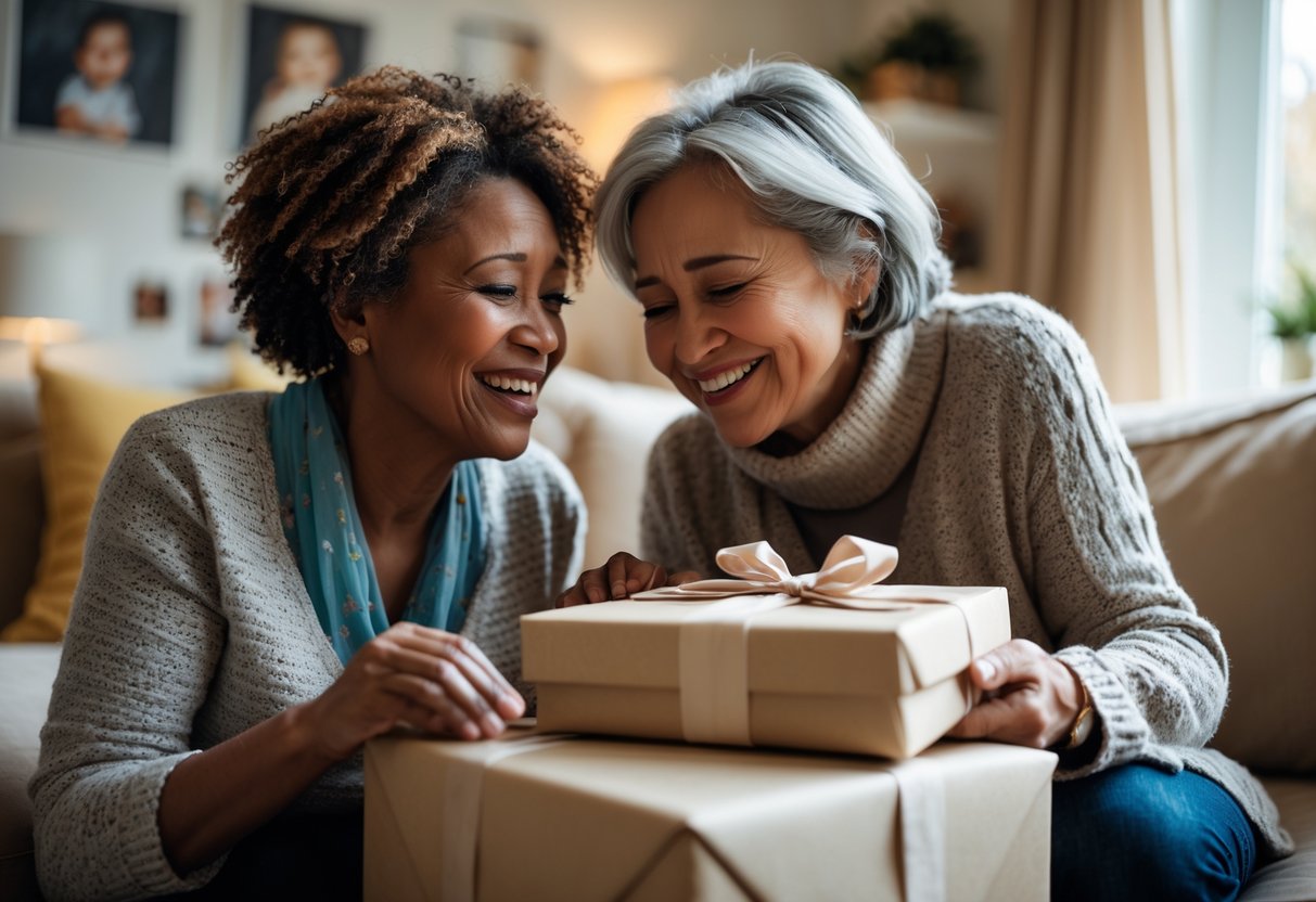 A mother and adult child share a touching moment as the mother opens a personalized gift in a cozy living room filled with family photos.