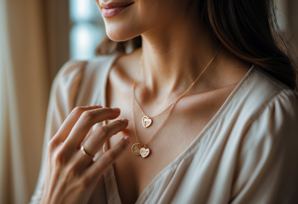 A mother wearing a customized necklace with meaningful charms, gently touching it with a loving expression.