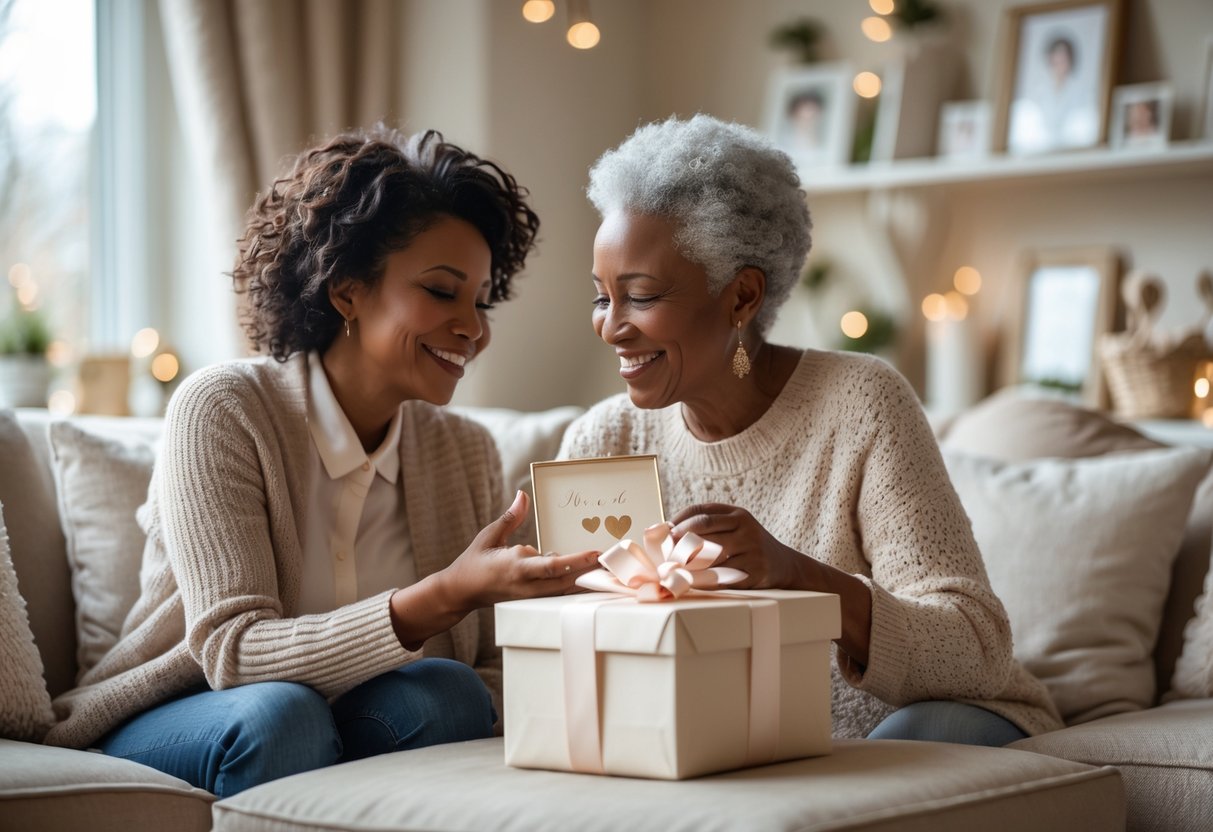 A mother and adult child sharing a warm moment as the child gives the mother a beautifully wrapped personalized gift in a cozy living room.