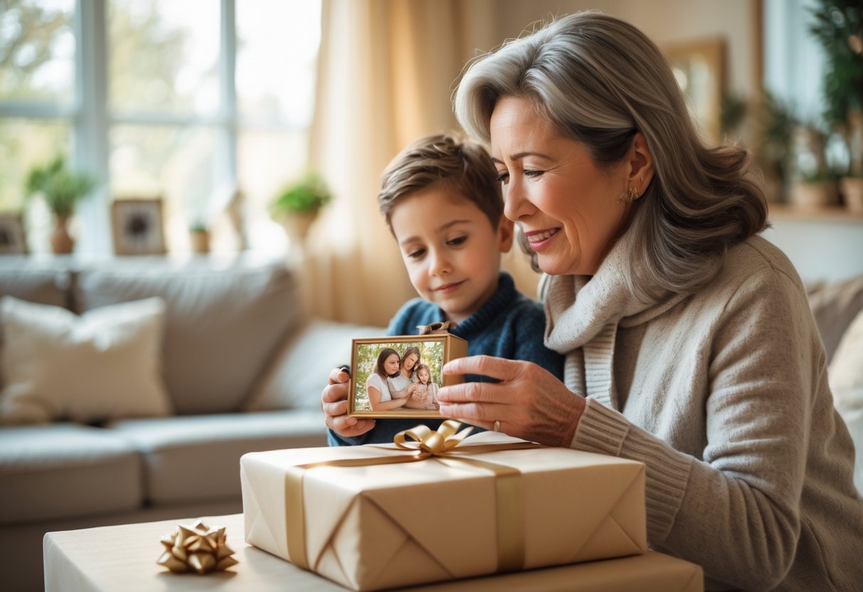 A mother receiving a customized gift from her adult child in a cozy living room, both sharing a warm and emotional moment.