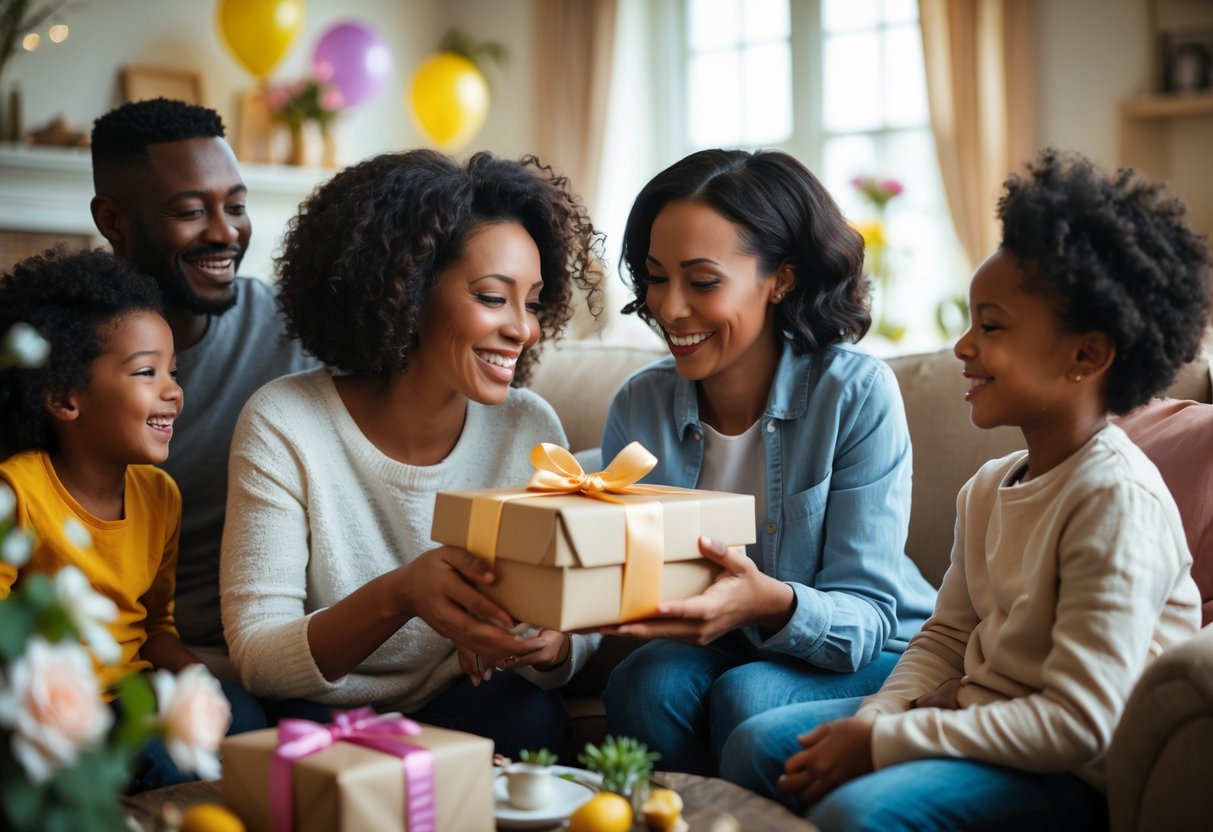 A mother receiving a personalized gift from her child while family members smile around them in a cozy, decorated living room.