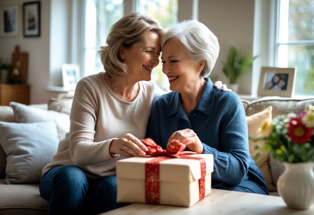 A mother and adult child sharing a warm moment as the child gives a wrapped gift to the mother in a cozy living room.