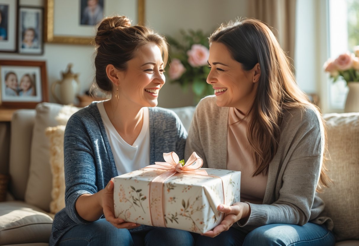 A mother and daughter share a joyful moment as the daughter gives her mother a wrapped gift in a cozy living room.