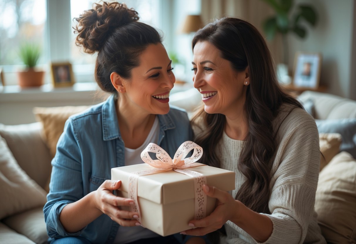 A mother and daughter sharing a joyful moment as the daughter gives her mother a personalized gift in a cozy living room.