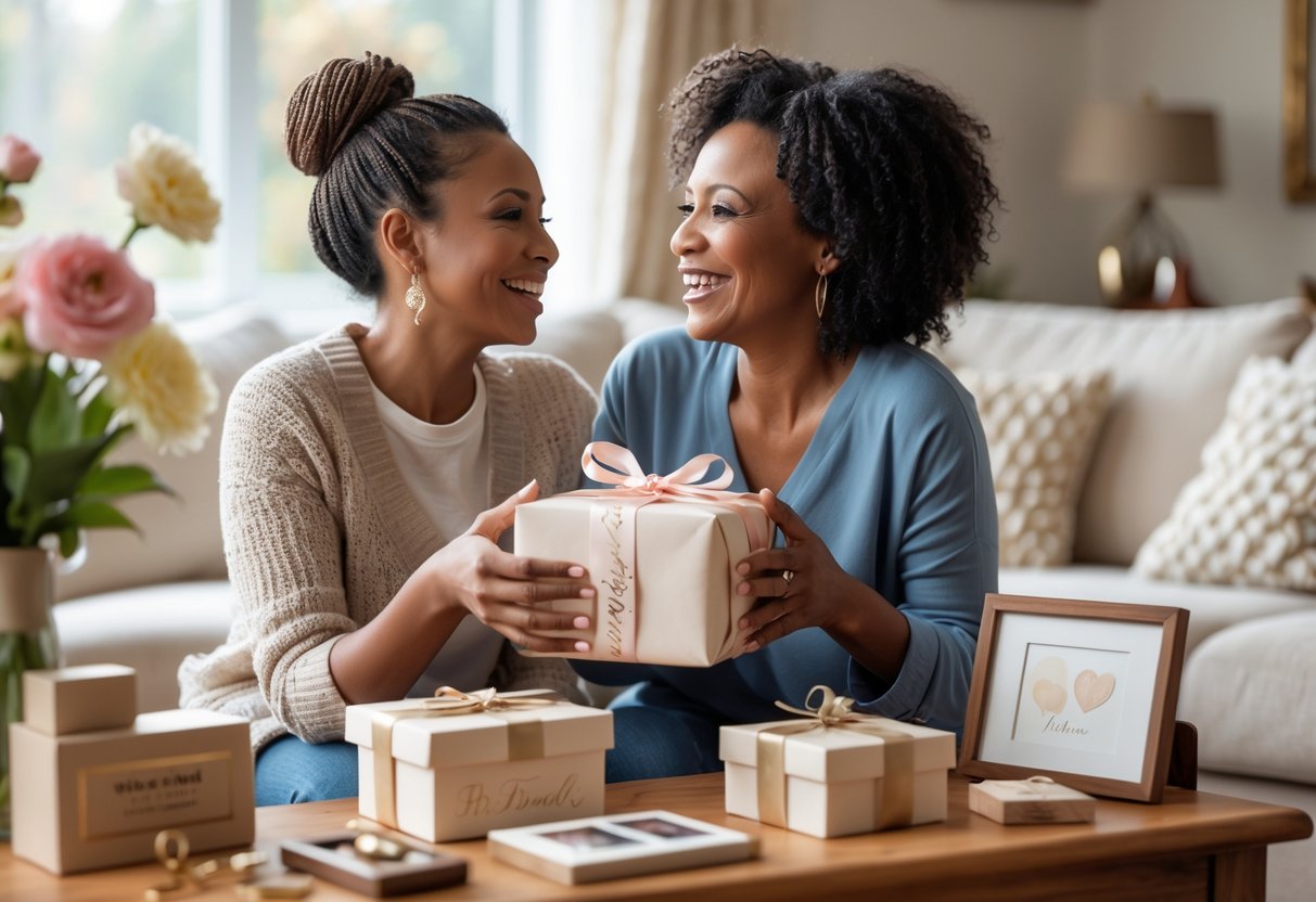 A mother and daughter sharing a happy moment as the daughter gives her mother a beautifully wrapped customized gift in a cozy living room.