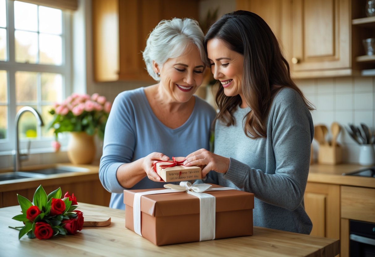 A mother and daughter in a bright kitchen sharing a warm moment as the daughter gives her mother a personalized kitchen gift.