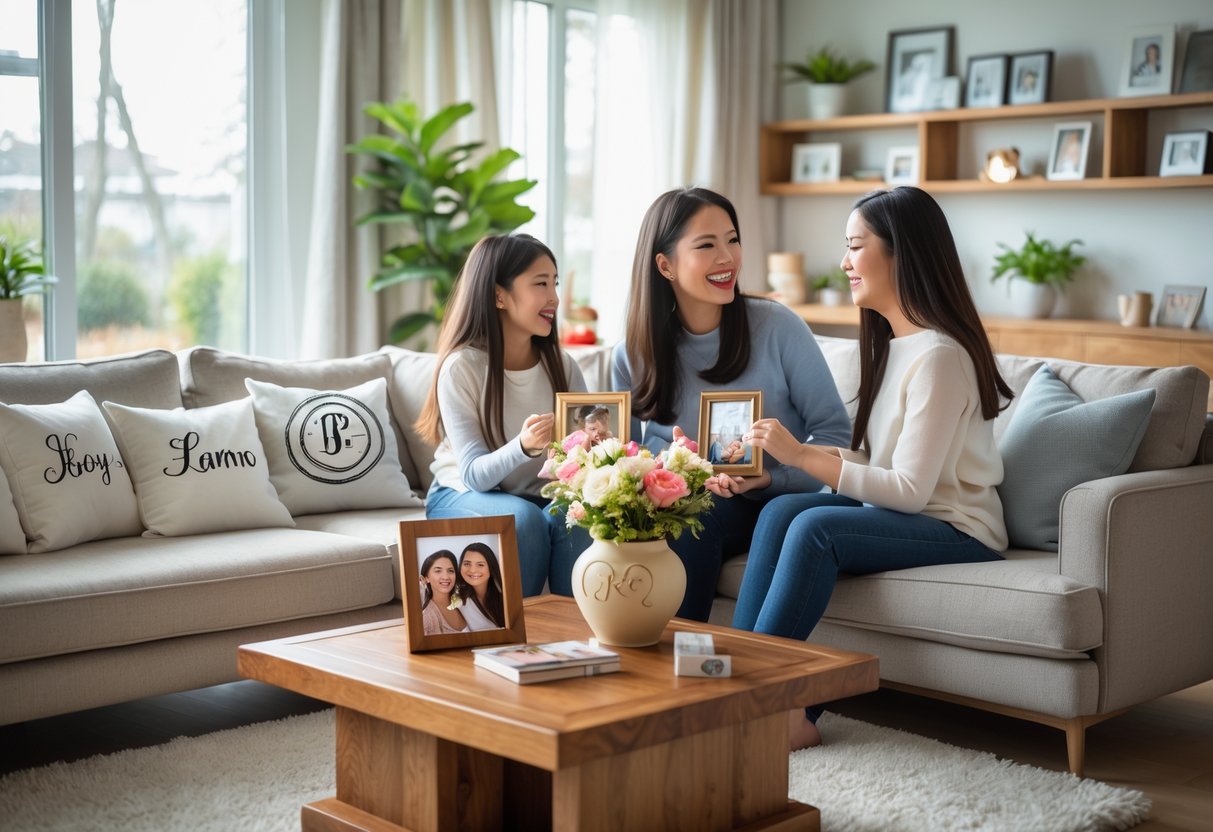 A mother and her two daughters smiling and exchanging personalized gifts in a cozy living room filled with custom photo frames, monogrammed pillows, and decorative plants.