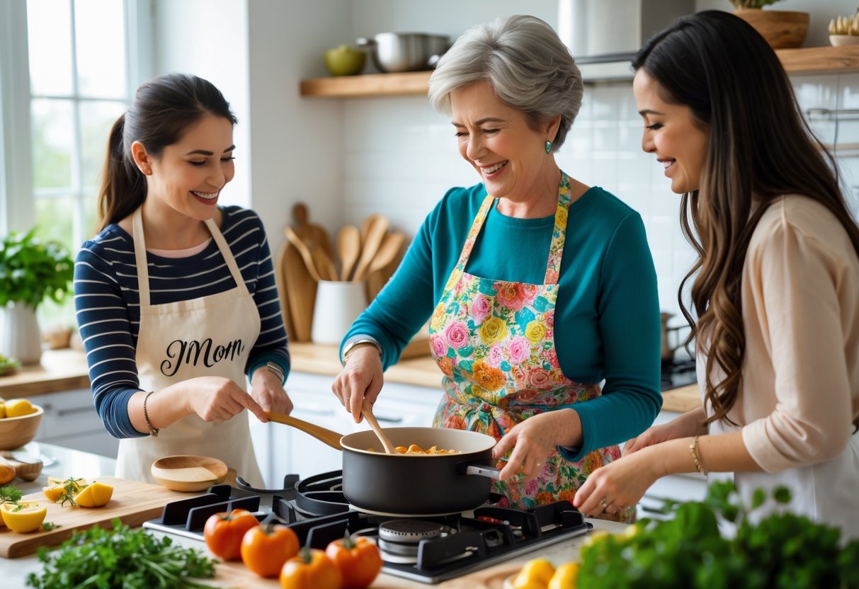 A mother cooking in the kitchen with her two daughters, surrounded by personalized cooking gifts, smiling and enjoying their time together.