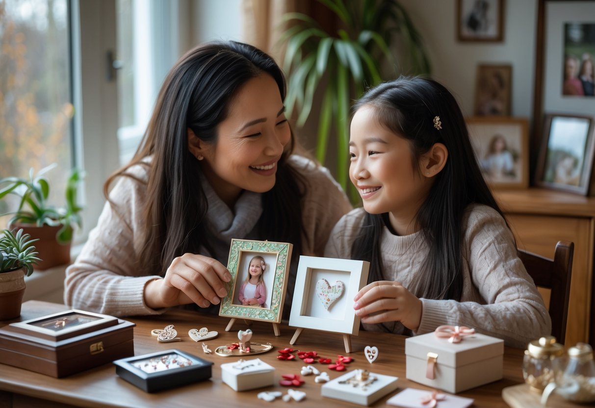 A mother and daughter sharing a loving moment surrounded by handmade personalized gifts and keepsakes on a wooden table.
