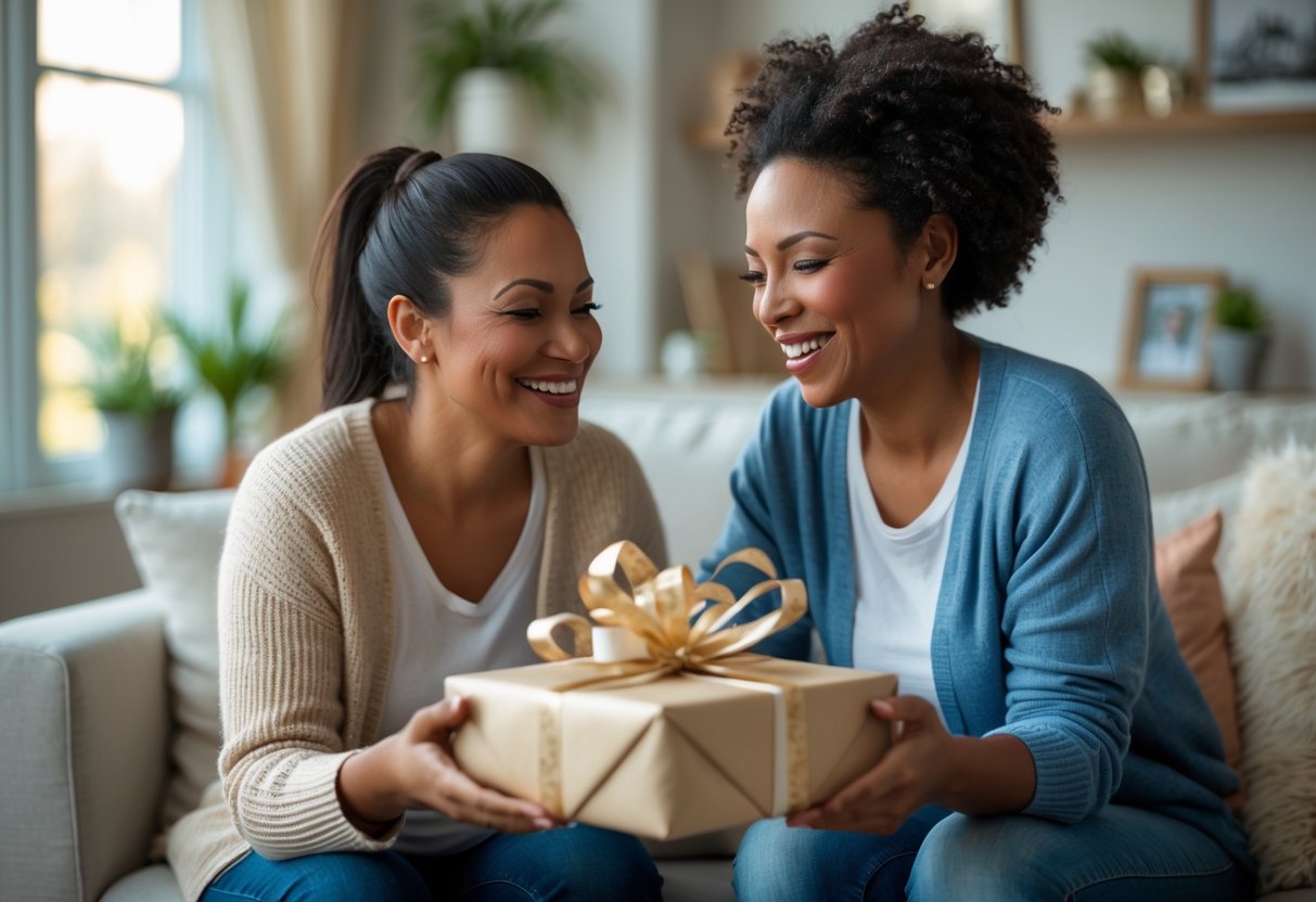 A mother and daughter in a cozy living room, the daughter giving a wrapped gift to her smiling mother.