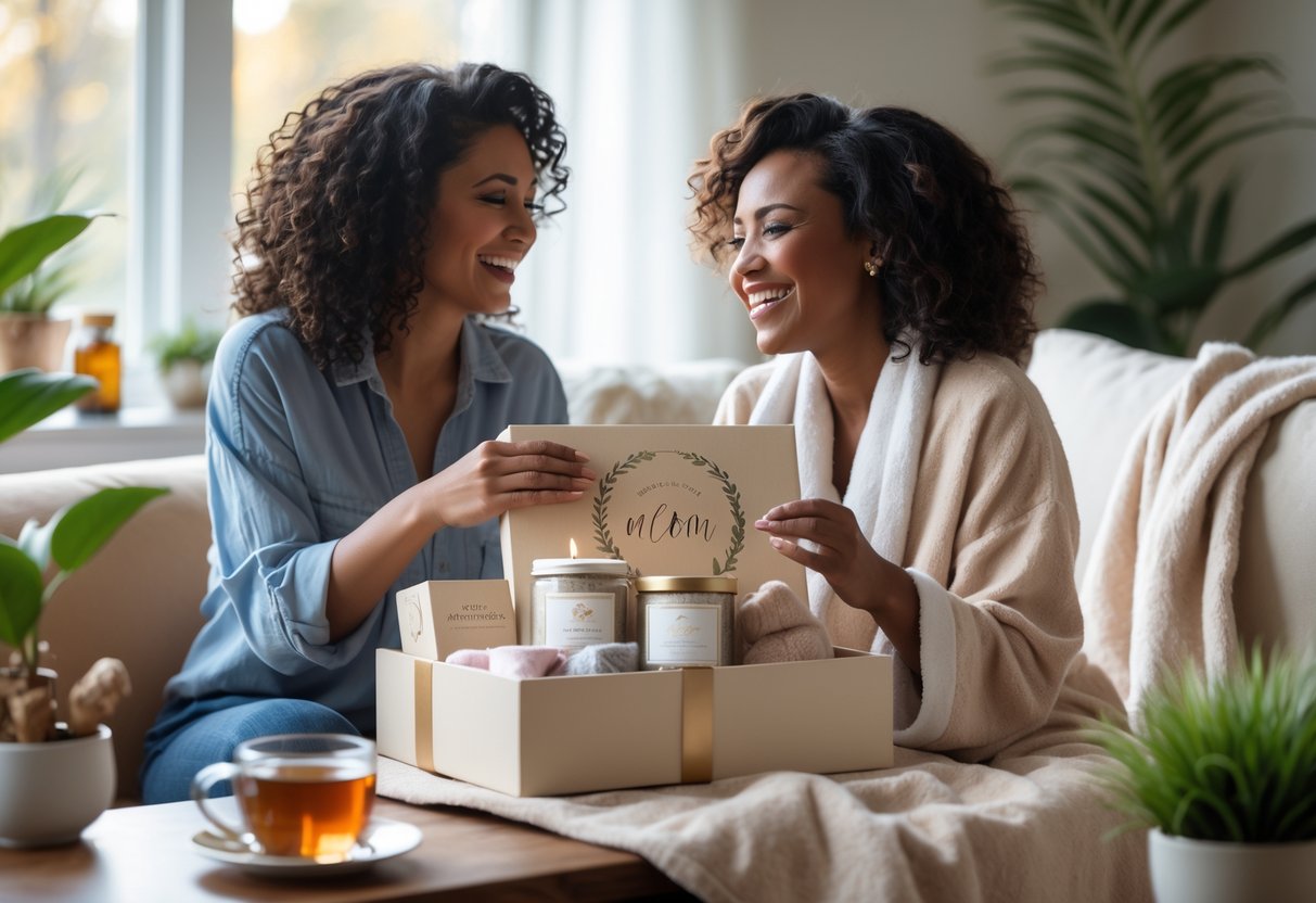 A daughter giving her mother a wrapped wellness gift box in a cozy living room, both smiling warmly at each other.