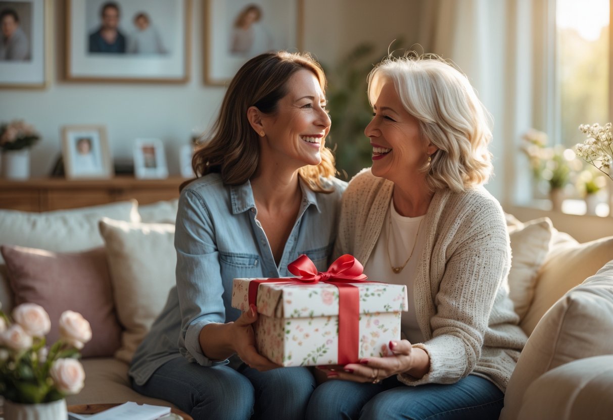 A mother and daughter smiling as the daughter gives her mother a wrapped gift in a cozy living room.