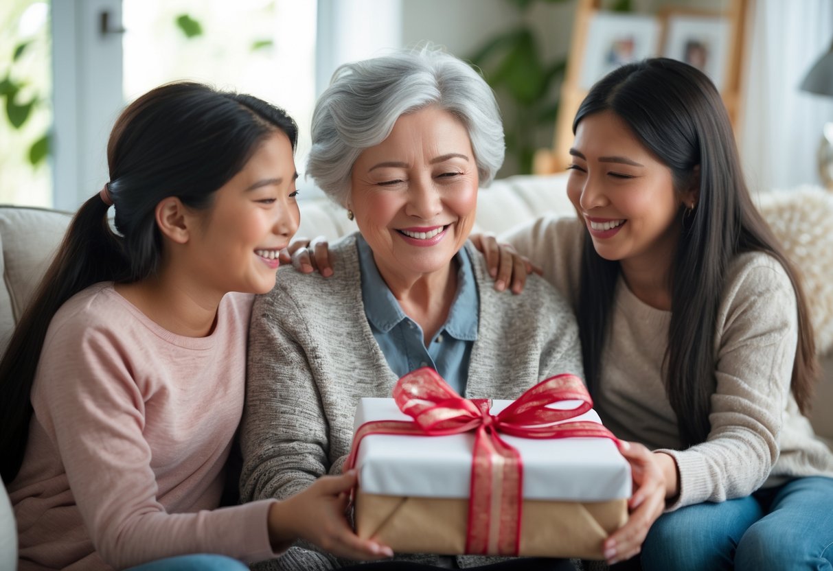 A mother receiving a customized gift from her two daughters in a cozy living room, all smiling warmly.