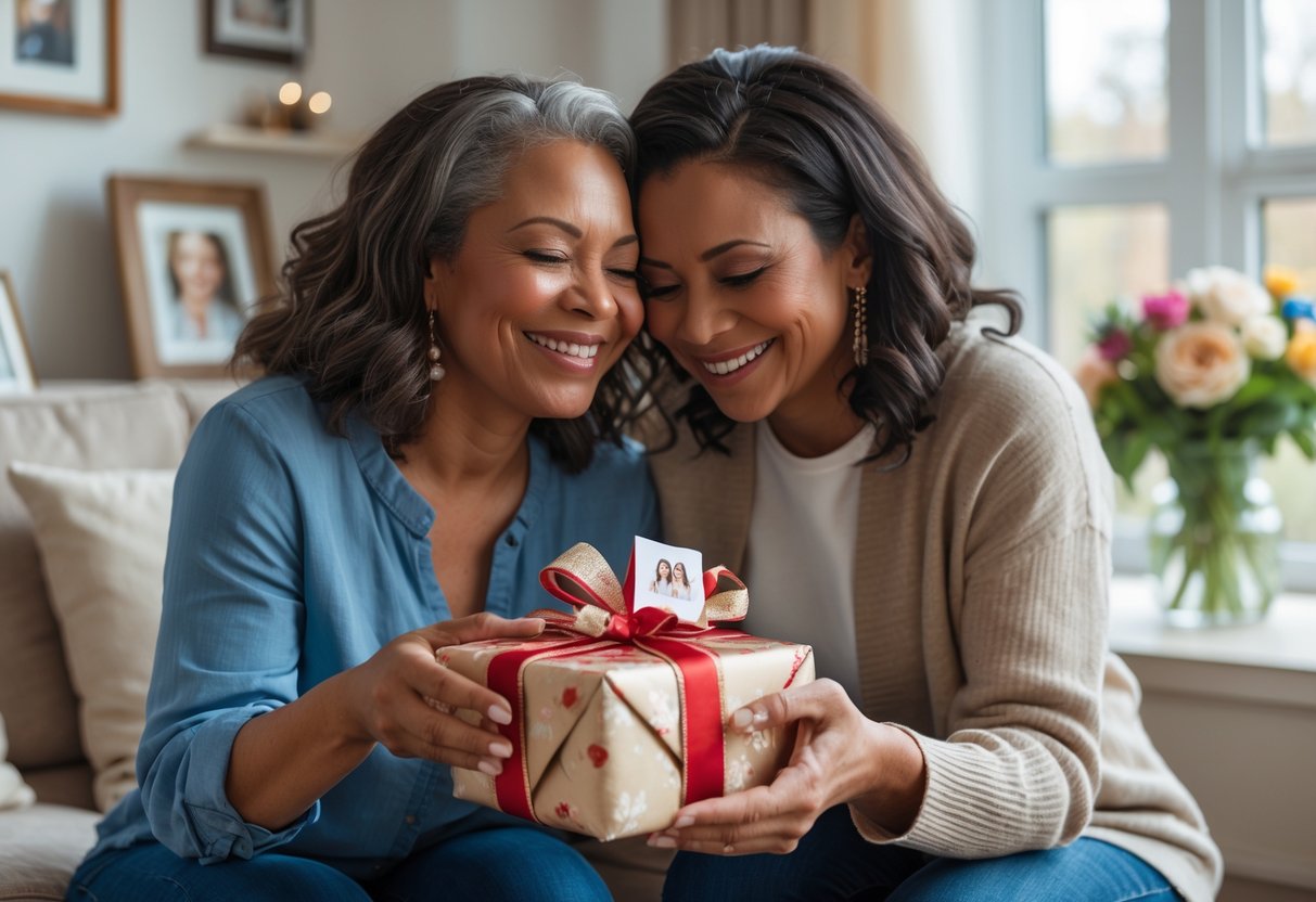 A mother and daughter sharing a warm moment as the daughter gives her mother a wrapped customized gift in a cozy living room.