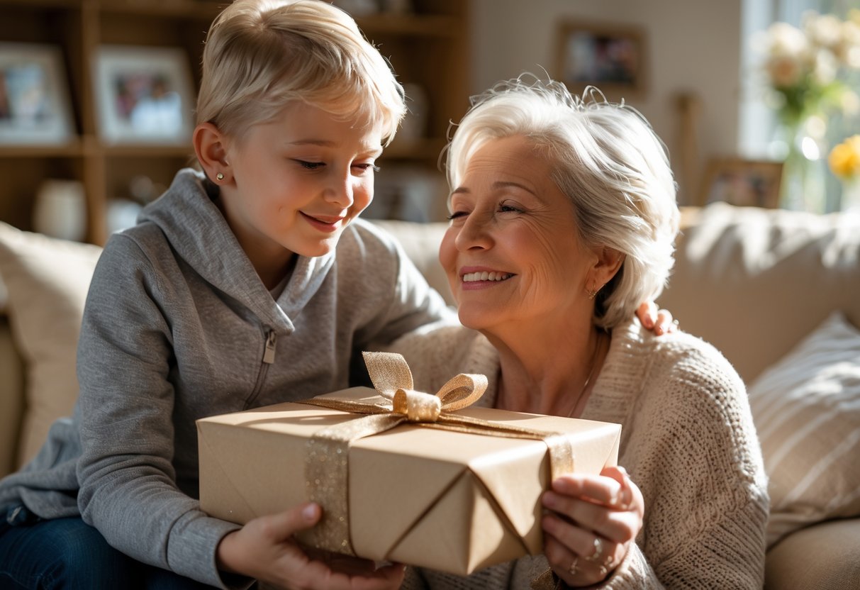 A mother receiving a personalized gift from her adult child in a cozy living room, both smiling warmly.
