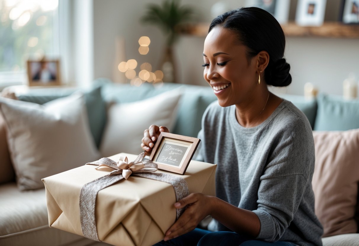 A mother happily receiving a personalized gift from her child in a cozy living room.