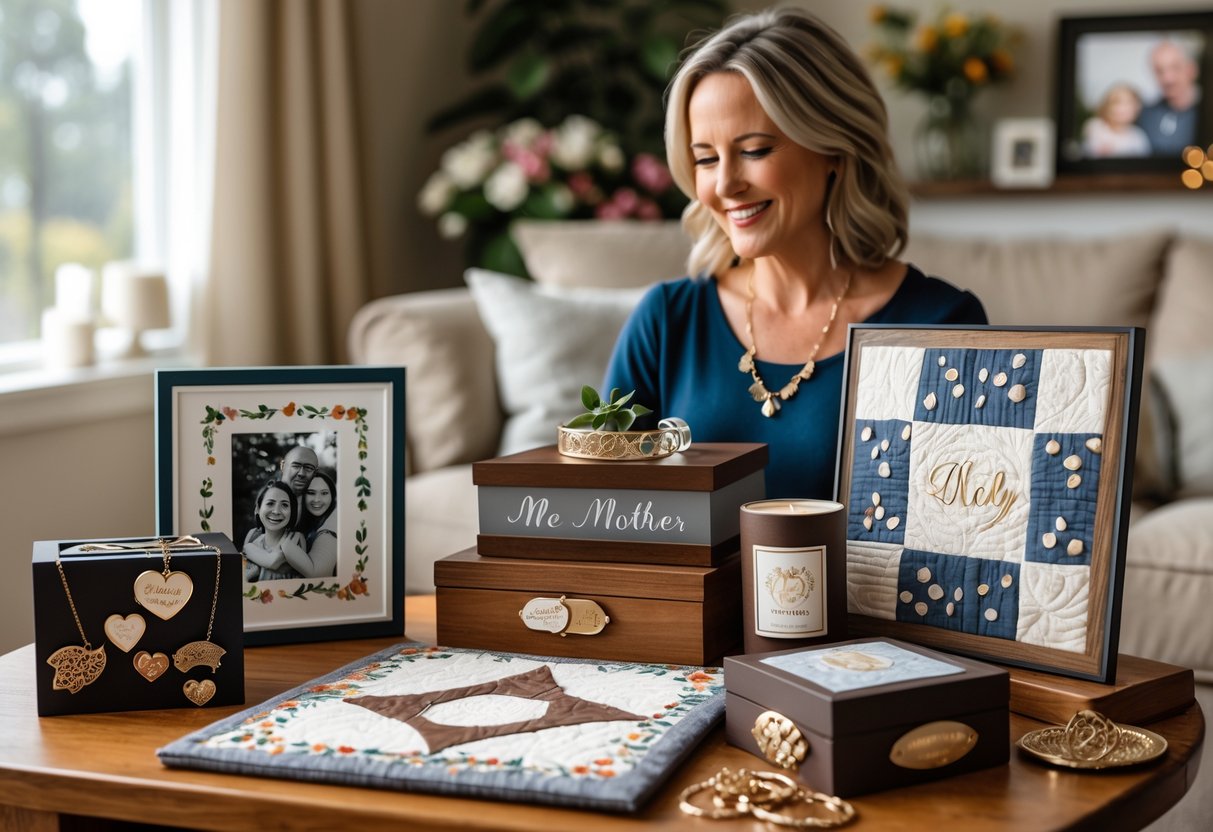 A woman holding a framed photo surrounded by personalized gifts like jewelry, a photo album, keepsake boxes, and a quilt on a wooden table in a cozy living room.