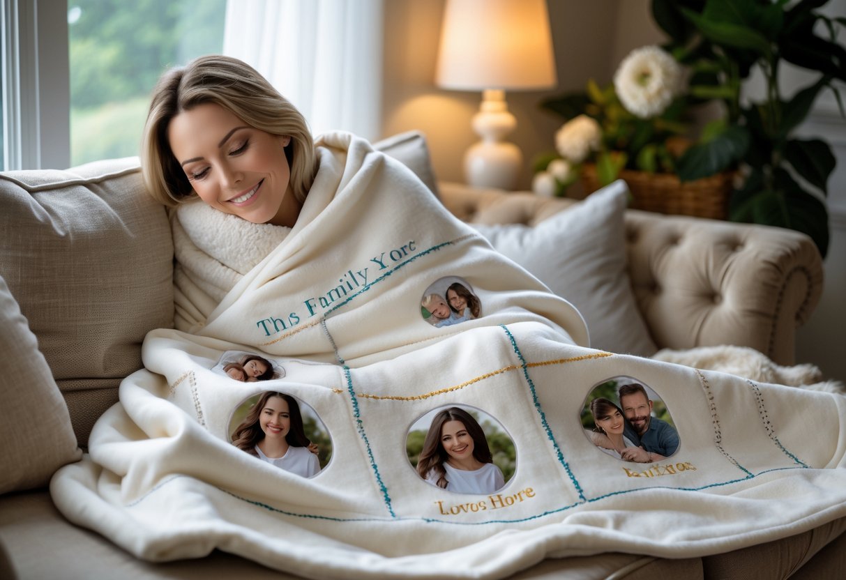 A mother sitting on a sofa wrapped in a personalized blanket with family photo designs, smiling in a cozy living room.