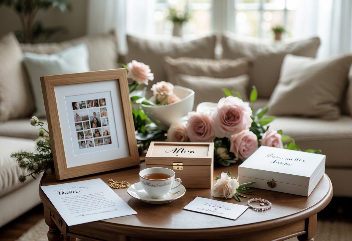 A cozy living room table displaying personalized gifts for a mother, including a framed photo collage, engraved jewelry box, handwritten letter, and jewelry, surrounded by flowers and a cup of tea.