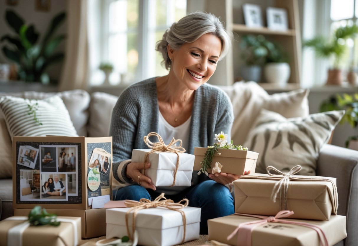 A mother sitting on a couch happily opening custom gifts related to her hobbies, surrounded by wrapped presents in a cozy living room.