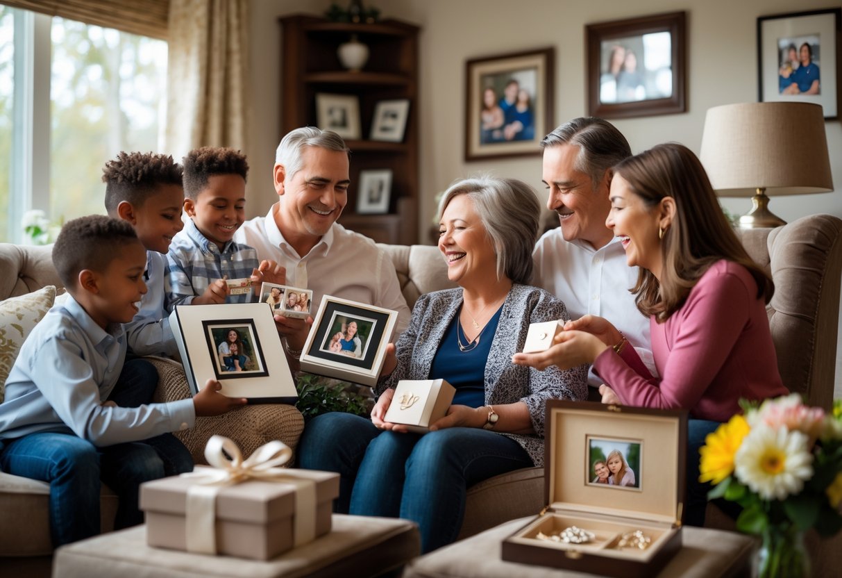 A family giving personalized gifts to their smiling mother in a cozy living room.