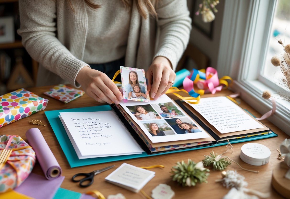 A person creating a handmade gift at a table with craft supplies, arranging a photo album in a cozy room.