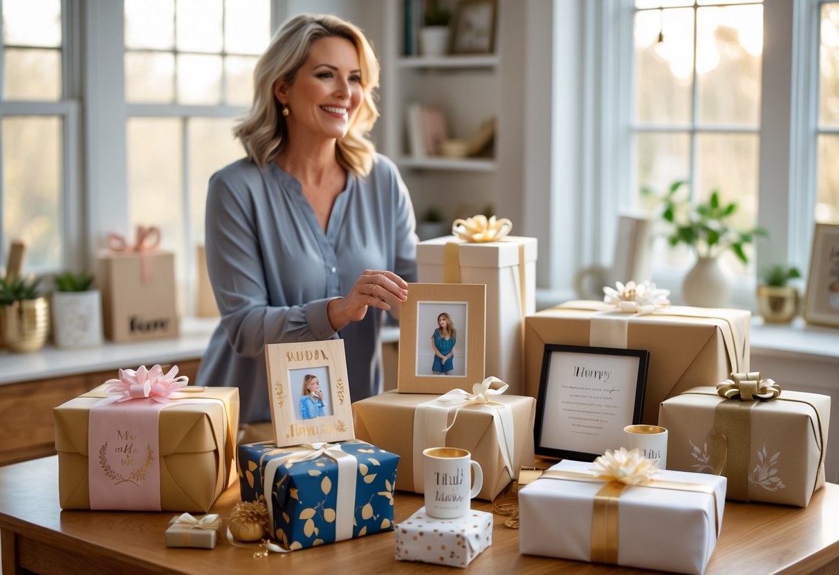 A woman smiling at a table filled with various beautifully wrapped custom gifts in a cozy home setting.