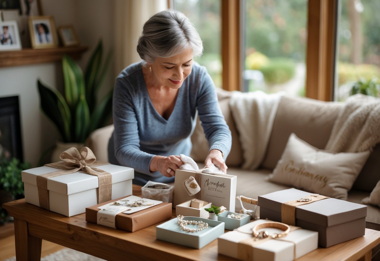 A woman carefully arranging and cleaning custom-made gifts on a table in a cozy living room.
