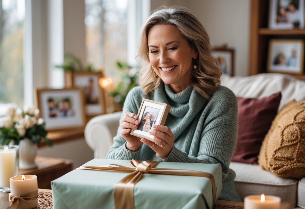 A mother smiling while holding a personalized gift in a cozy living room surrounded by family photos and keepsakes.