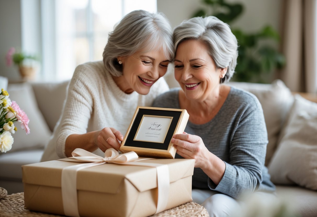 A mother happily receiving a customized gift from her adult child in a cozy living room.