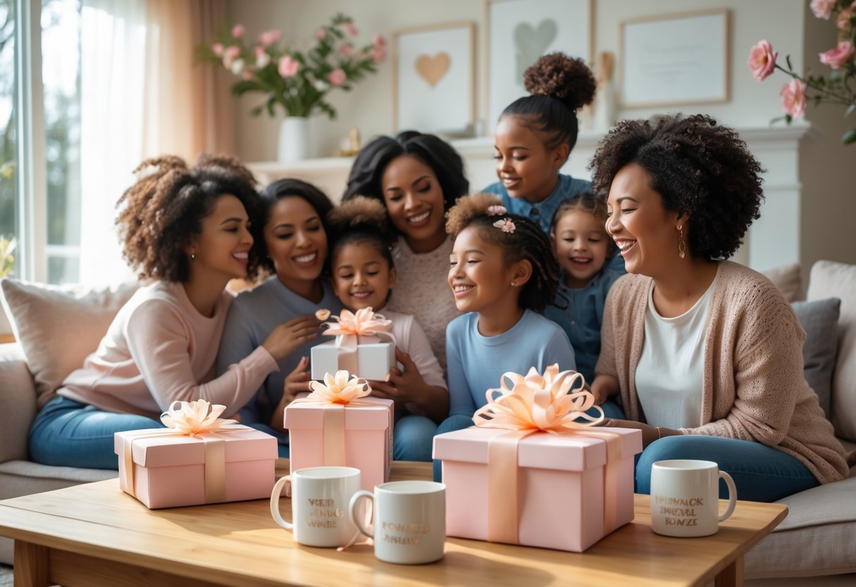 Mothers and children happily sharing customized gifts in a cozy living room filled with natural light.