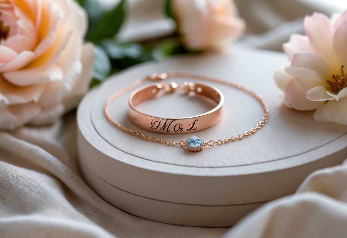 Close-up of a personalized necklace displayed with flowers on a soft surface, symbolizing a special gift for mothers.