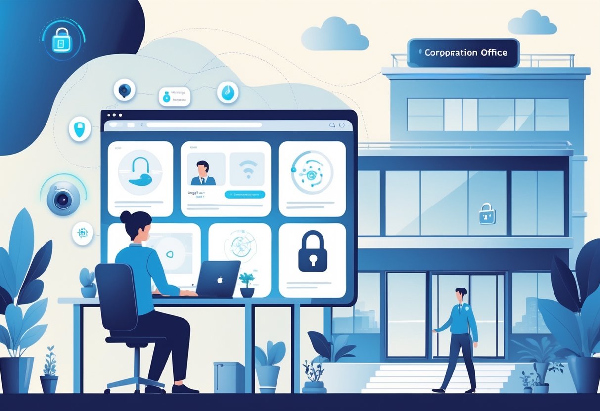 A person working from a home office equipped with smart security devices, with a corporate office building and traditional security measures visible in the background.