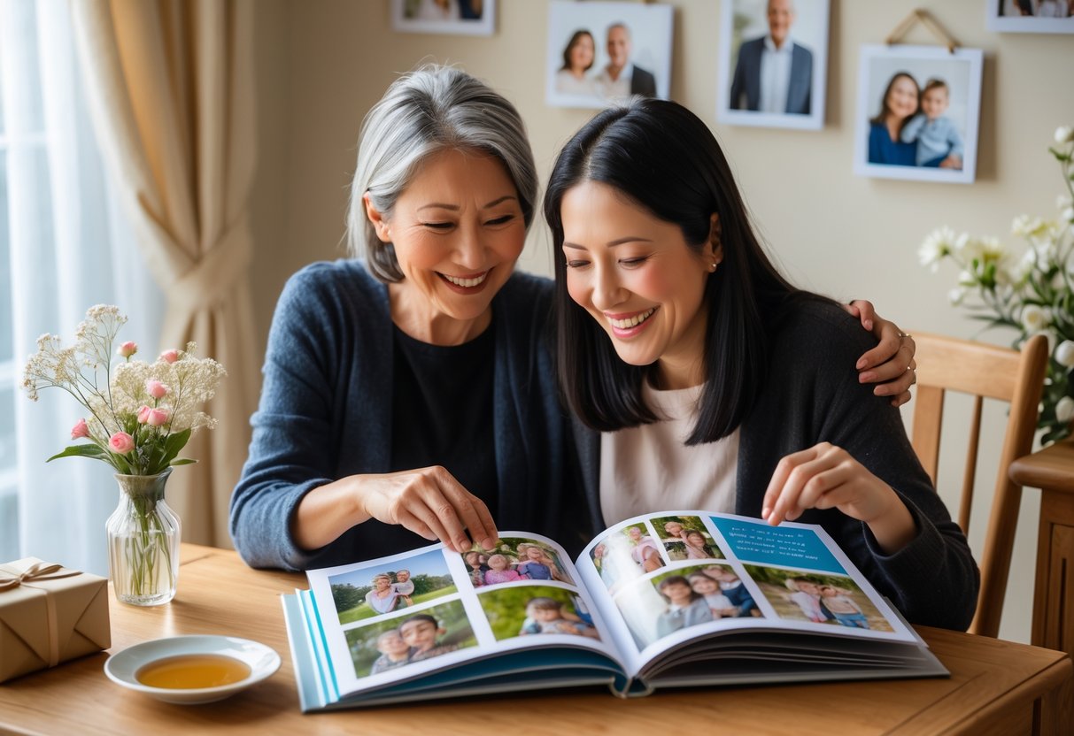 A mother and adult child looking through a custom photo book together at a table with flowers and gifts nearby.