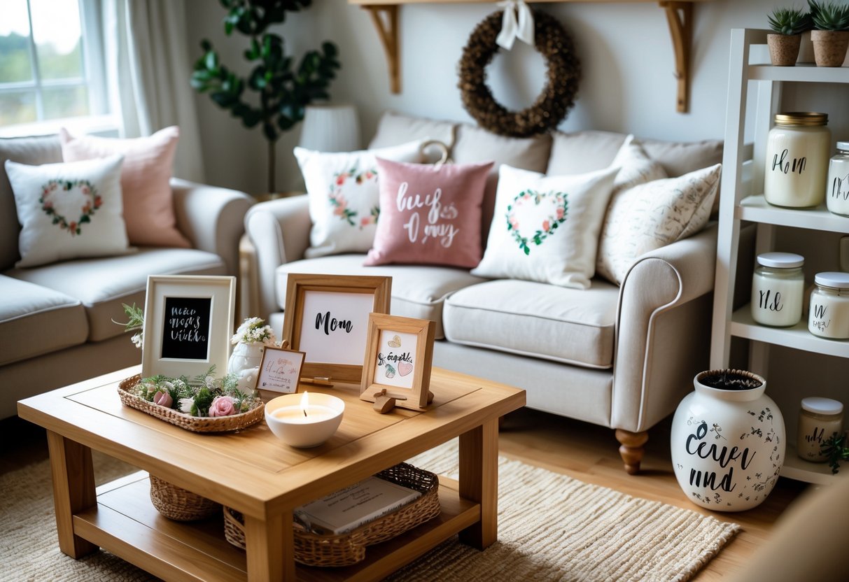 A cozy living room with personalized home decor gifts including photo frames, engraved plaques, embroidered pillows, and decorative candles arranged on a coffee table and shelves.