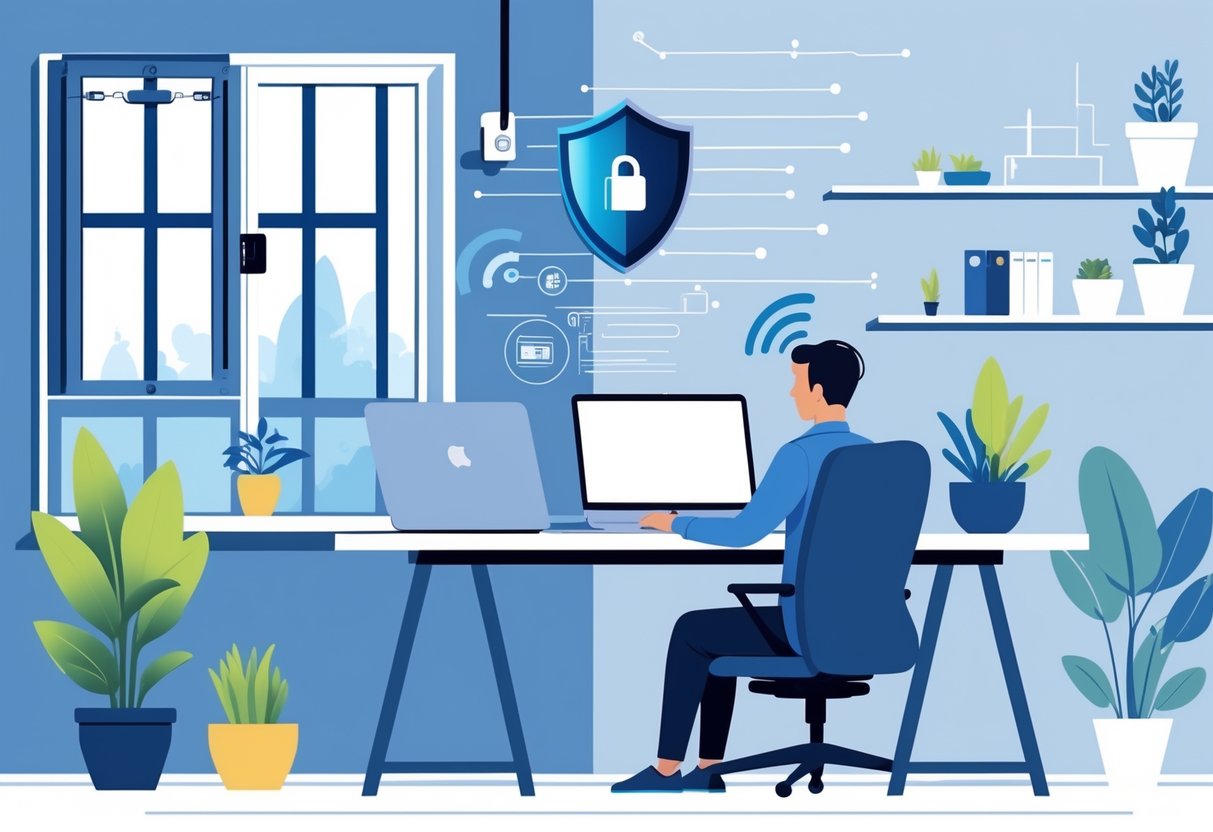 An employee working at a home office desk with visible security features like a locked window, security camera, and secure Wi-Fi router.