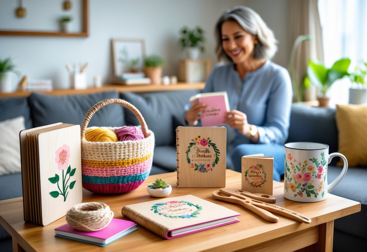 A mother smiling gently while holding a handmade craft, surrounded by personalized gifts like a knitting basket, gardening tools, a photo album, and a decorated mug on a wooden table in a cozy living room.