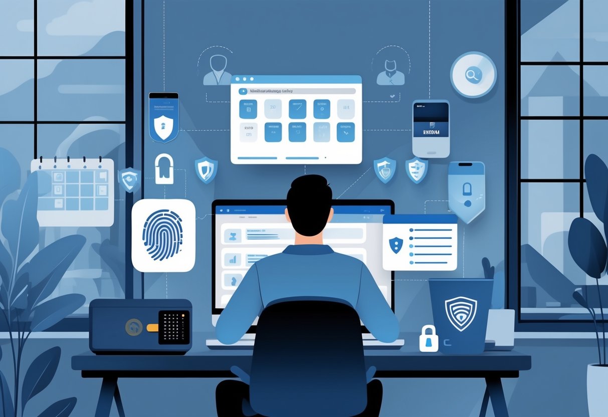 A person working on a laptop at a home desk with security features like a fingerprint scanner, locked safe, and secure Wi-Fi router visible.