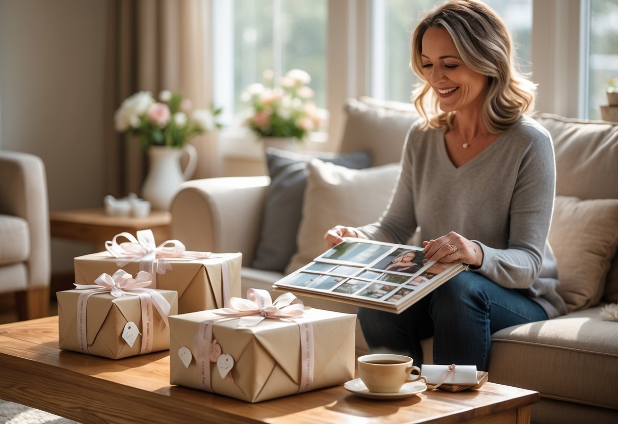 A smiling woman holding a photo album while sitting near a table with wrapped personalized gifts and flowers in a sunlit room.
