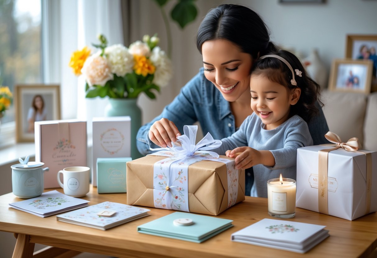 A mother happily opening a customized gift box with her child nearby, surrounded by personalized gift items on a table in a cozy home setting.
