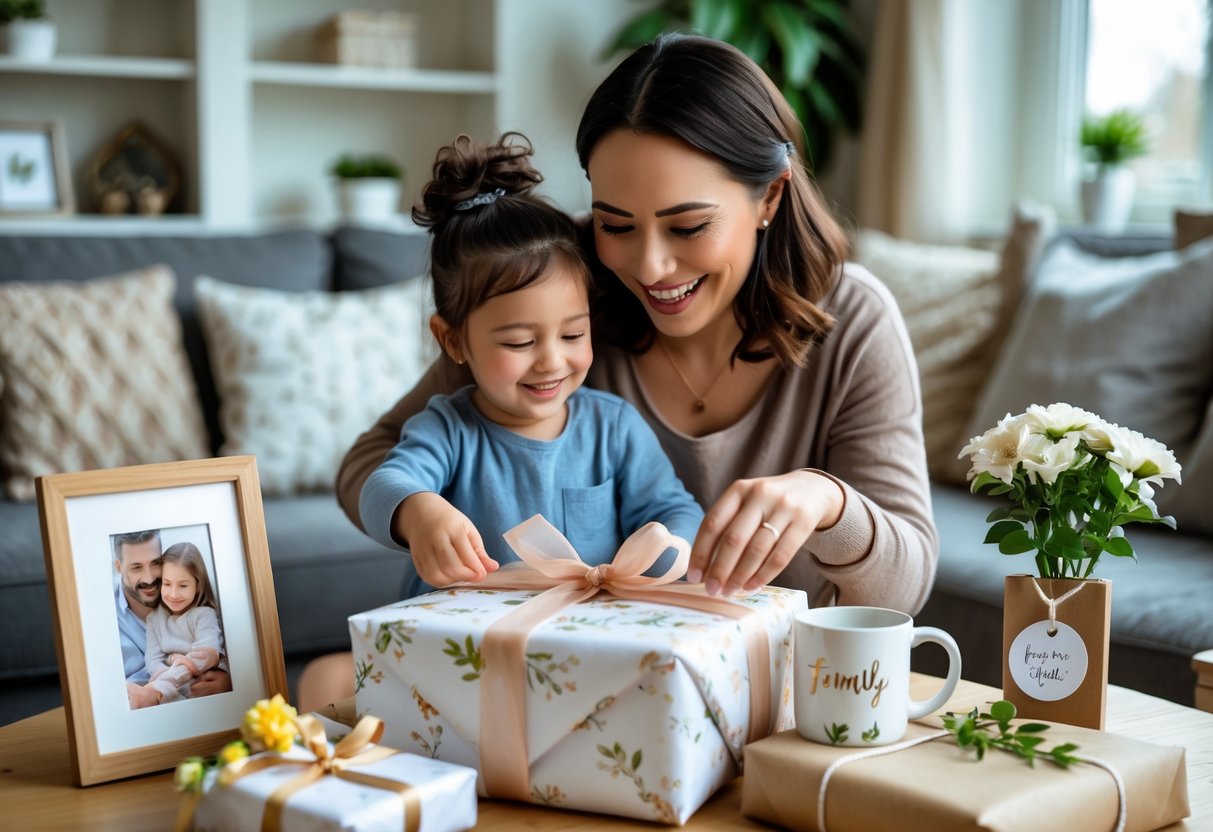 A mother and child sharing a joyful moment as the mother opens a personalized gift in a cozy living room surrounded by other customized presents.