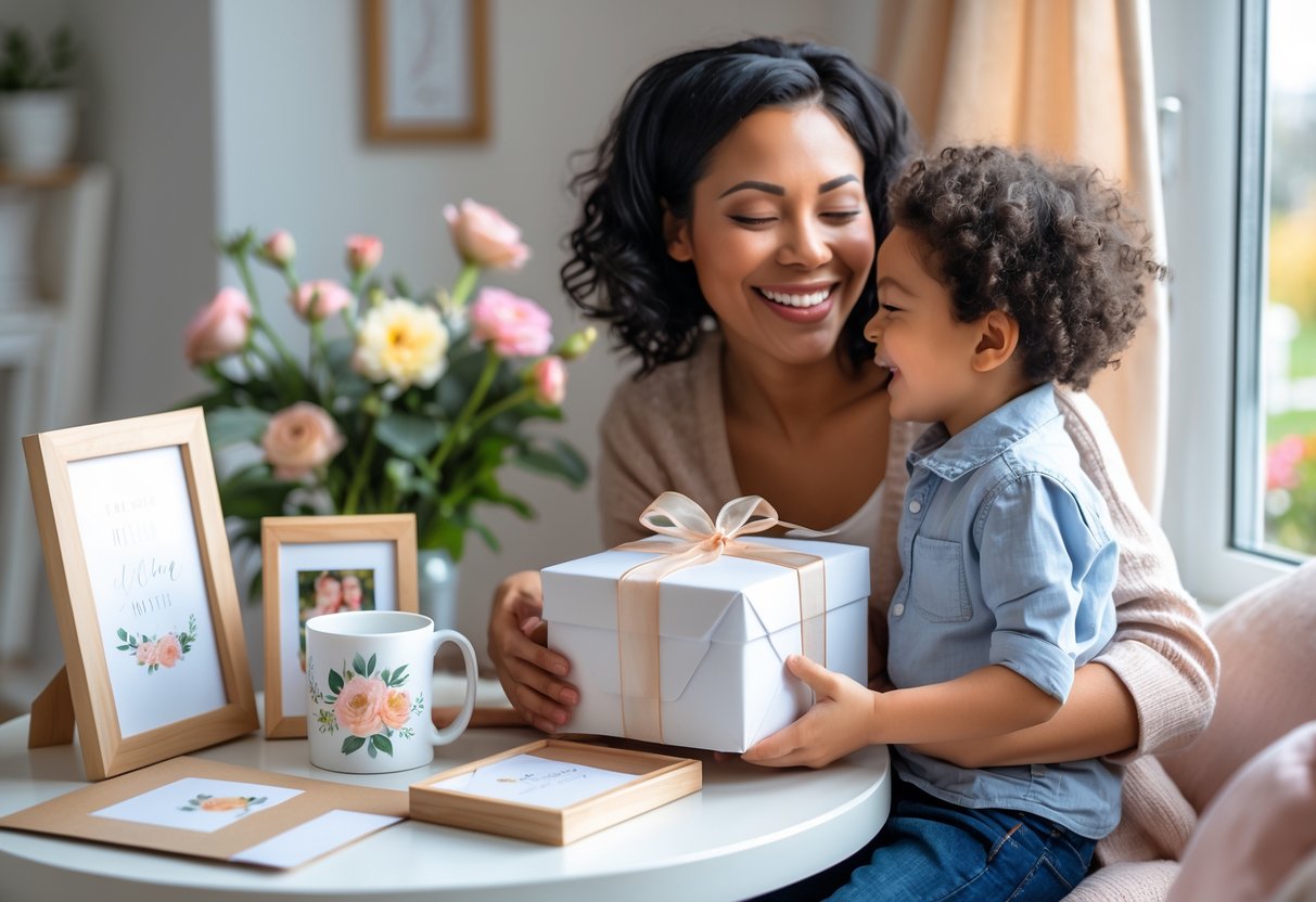 A mother and child sharing a joyful moment with customized gifts displayed on a table in a cozy home setting.