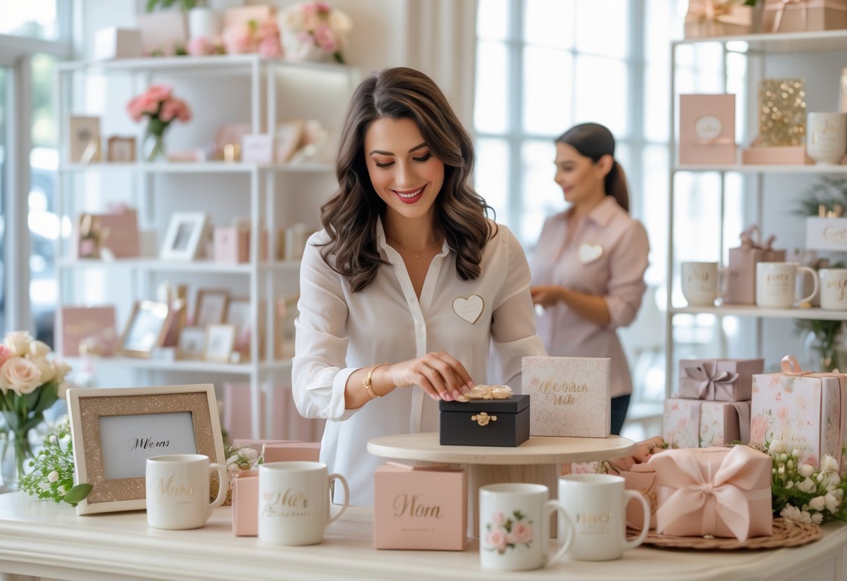 A woman shopping for personalized gifts in a bright boutique filled with custom items and a shop assistant helping her.